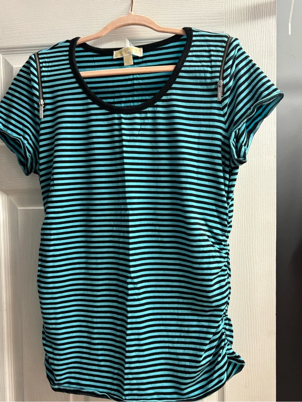 Michael Kors Black & Teal Striped Cold-Shoulder Top